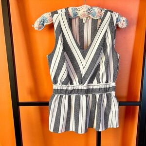 🤍 Monteau Striped Peplum Top | Black White | V-Neck Sleeveless Blouse